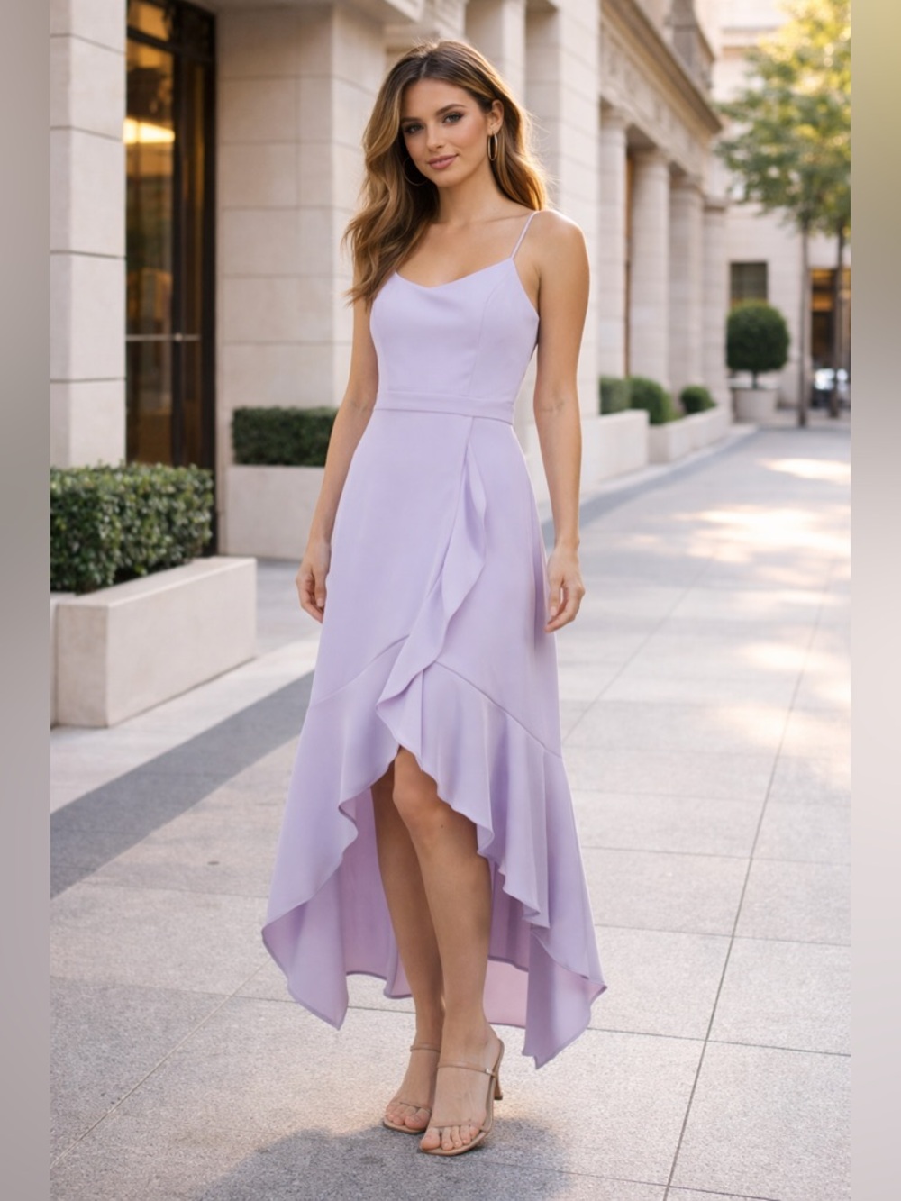 Xscape Lavender Ruffle High-Low Gown Sleeveless Spaghetti Strap Dress 14 NWT